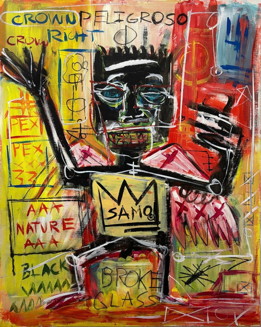 Jean Michel Basquiat 1960-1988 Mixed Media/Canvas In The Style of. Haring,Warhol,Basquiat Era.: Title: Untitled (SAMO Figure Composition) Technique: Acrylic on canvas. Measures: 19 x 15 inches. Year: Contemporary. Condition: Bold and vibrant painted surface with expressive layering and strong pi