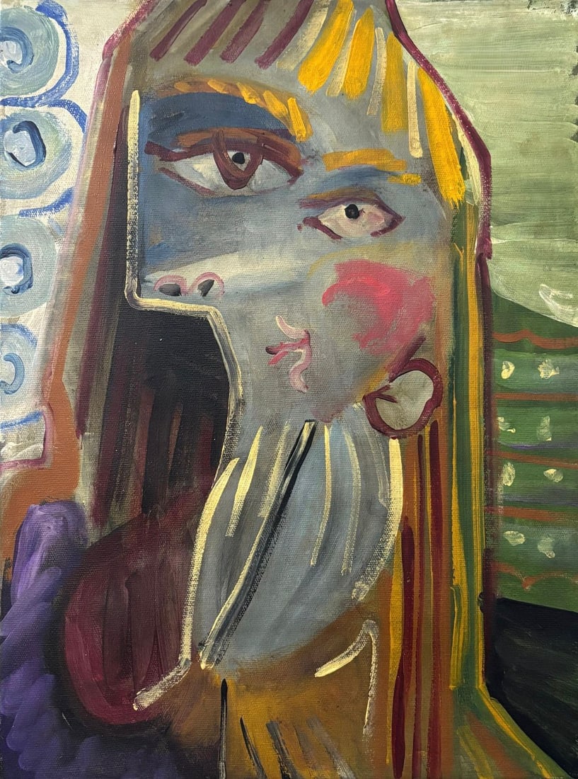 Pablo Picasso Spanish 1881-1973 Oil on Canvas Painting in the Style of Picasso. Magritte & Chagall: Title: Untitled Portrait Composition Technique: Oil or acrylic on canvas. Measures: 15 x 11 inches. Year: Mid-20th Century. Condition: Expressive painted surface with vibrant coloration and visible ge