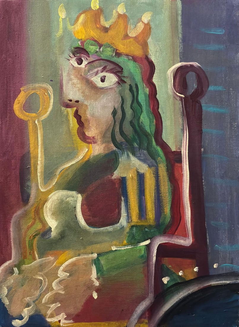 Pablo Picasso Spanish 1881-1973 Oil on Canvas Painting in the Style of Picasso. Magritte & Chagall: Title: Crowned Seated Figure Technique: Oil on canvas Measures: 14.8 ? 10.9 inches (37.6 ? 27.7 cm) Year: Circa mid-20th century Modernist Expressionist period Condition: Good condition. Surface prese