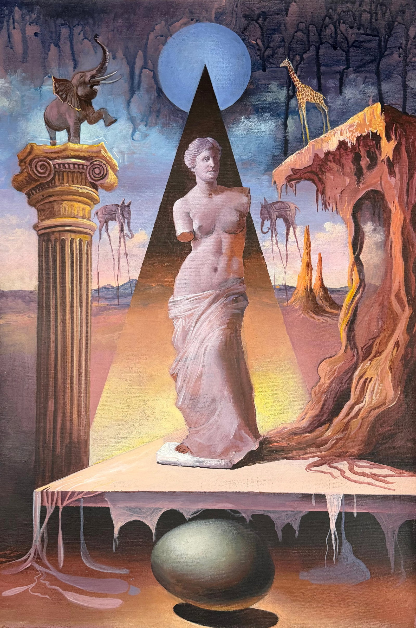Salvador Dali Spanish 1904-1989 In the Style of Metaphysical Venus Landscape Oil on Canvas: Title: Metaphysical Venus Landscape Technique: Oil on canvas Measures: 24 x 16 inches (61 x 40.6 cm) Year: Circa mid-20th century Surrealist period Condition: Good condition. Surface presents stable p