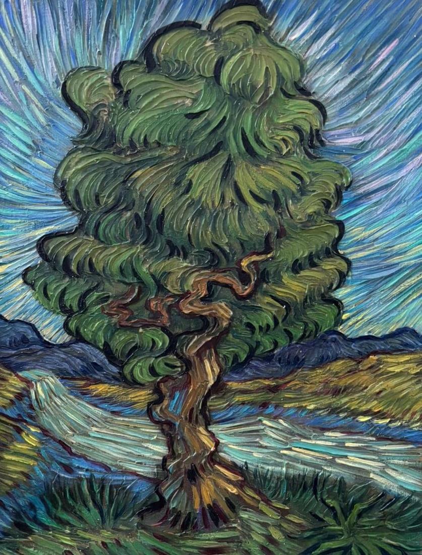 Vincent van Gogh Dutch 1853-1890 In the Style of Post-Impressionist Oil on Canvas: Title: Expressionist Tree Landscape Technique: Oil on canvas Measures: 13.1 x 10 inches (33.2 x 25.3 cm) Year: Circa mid-20th century Post-Impressionist Expressionist period Condition: Good condition.