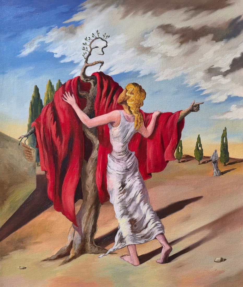 Salvador Dali Spanish 1904-1989 in the Style of Tree Composition Oil on Canvas: Title: Tree Composition Technique: Oil on canvas Measures: 20 x 17 inches Year: Circa mid-20th century Surrealist period Condition: Good condition. Surface presents stable pigment application with ref