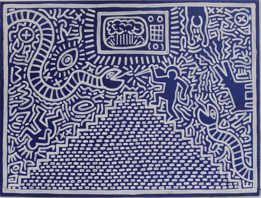 Keith Haring American 1958-1990 In the Style of Radiant Pyramid Composition Acrylic on Canvas (1 of 5)