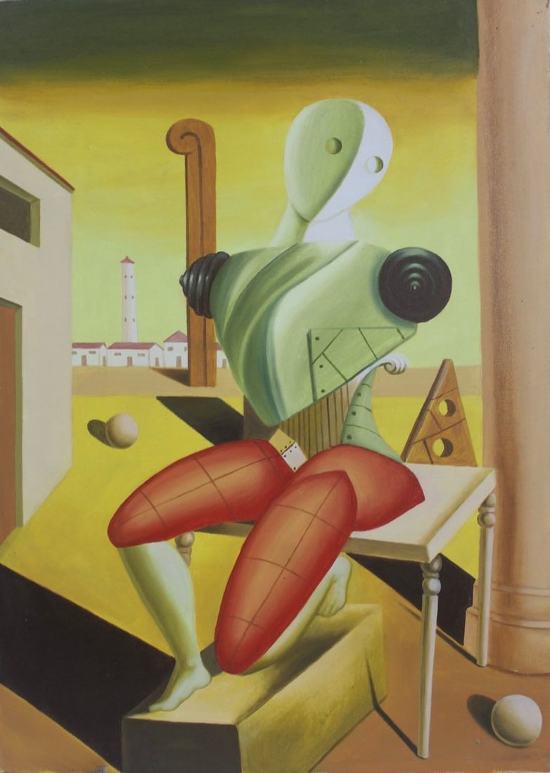 Giorgio de Chirico Greek-Italian 1888-1978 In the Style of The Musician Oil on Canvas: Title: The Musician Technique: Oil on canvas Measures: 28 x 20 inches (70 x 50 cm) Year: Painted 1930 Condition: Good overall condition. The surface is stable with smooth layered paint application and