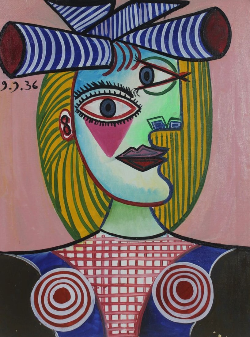 Pablo Picasso Spanish 1881-1973 In the Style of Cubist Portrait with Striped Headdress Oil on (1 of 4)