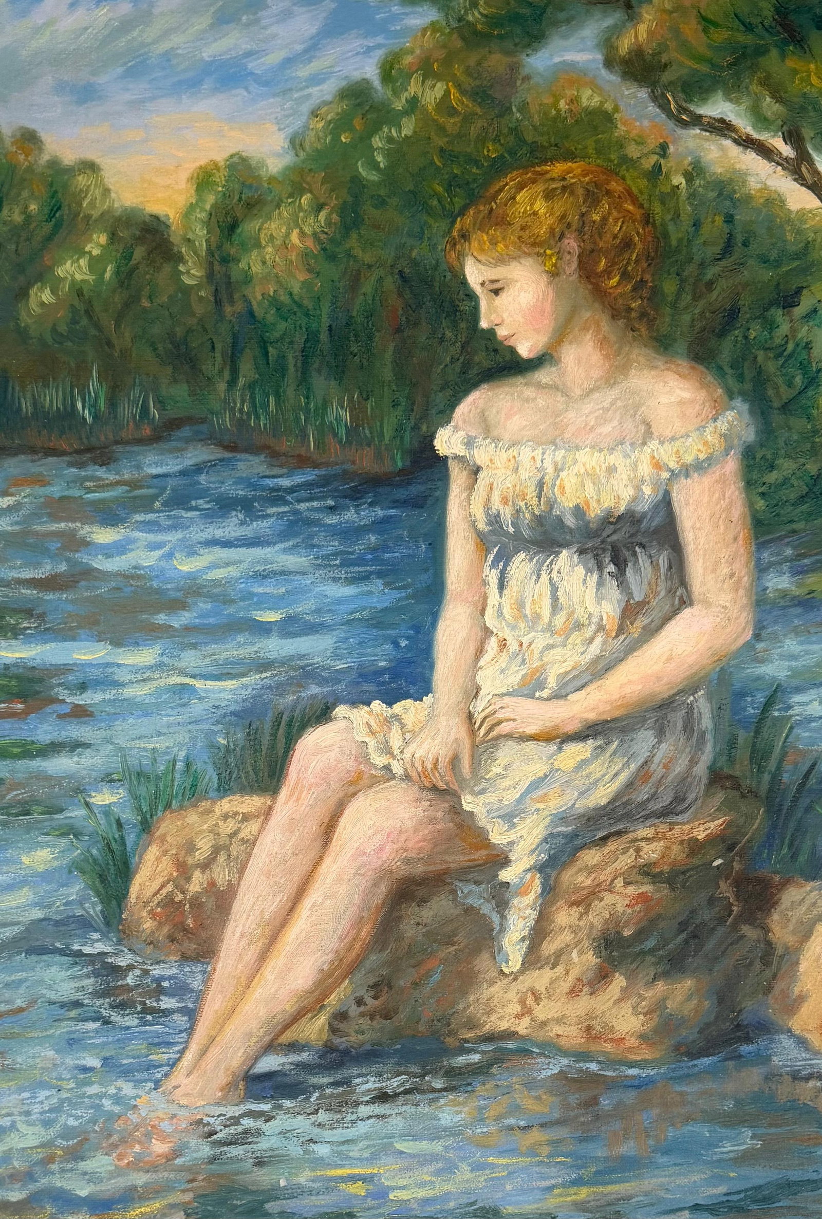 Pierre-Auguste Renoir French 1841-1919 In the Style of Young Woman by the Riverside Oil on Canvas: Title: In the Style of Pierre-Auguste Renoir – Young Woman by the Riverside Technique: Oil on canvas Measures: 20 x 16 inches (50.8 x 40.6 cm) Year: Circa Impressionist period Condition: Good condit