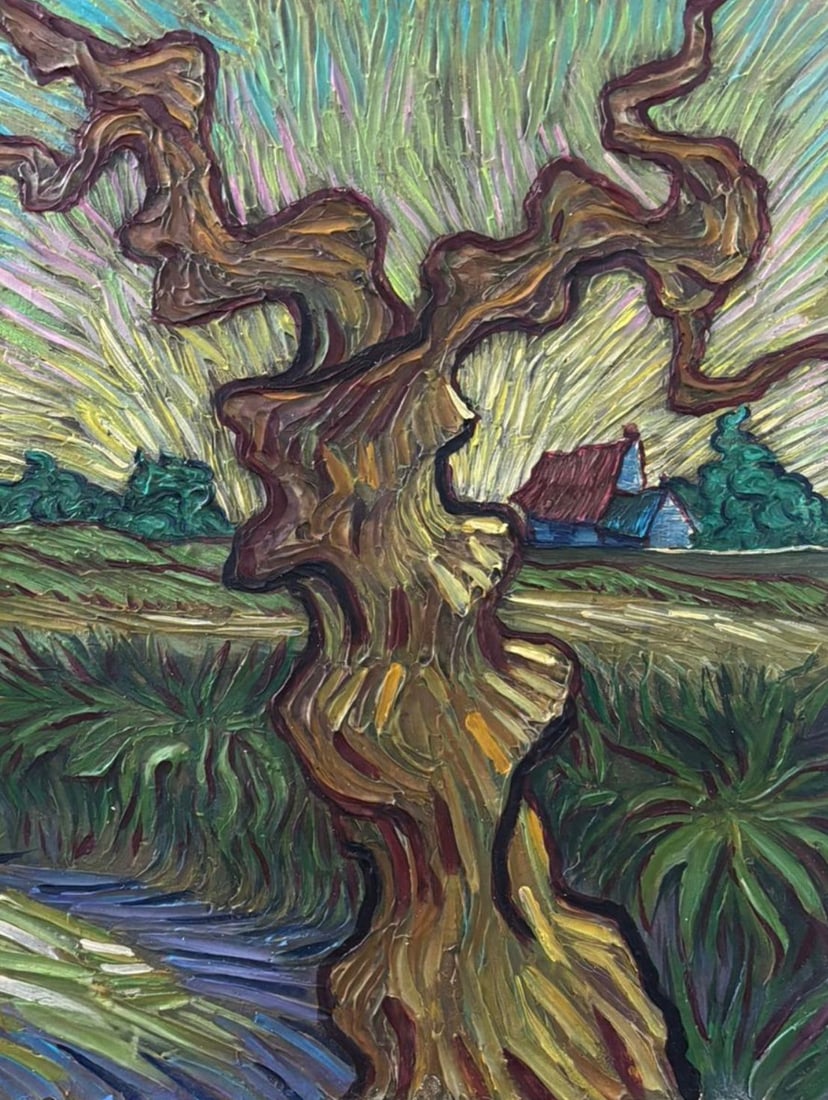 Vincent van Gogh Dutch 1853-1890 In the Style of Post-Impressionist Oil on Canvas: Title: Tree Landscape Technique: Oil on canvas Measures: 13 x 10 inches (33 x 25.4 cm) Year: Circa mid-20th century Post-Impressionist Expressionist period Condition: Good condition. Surface presents 