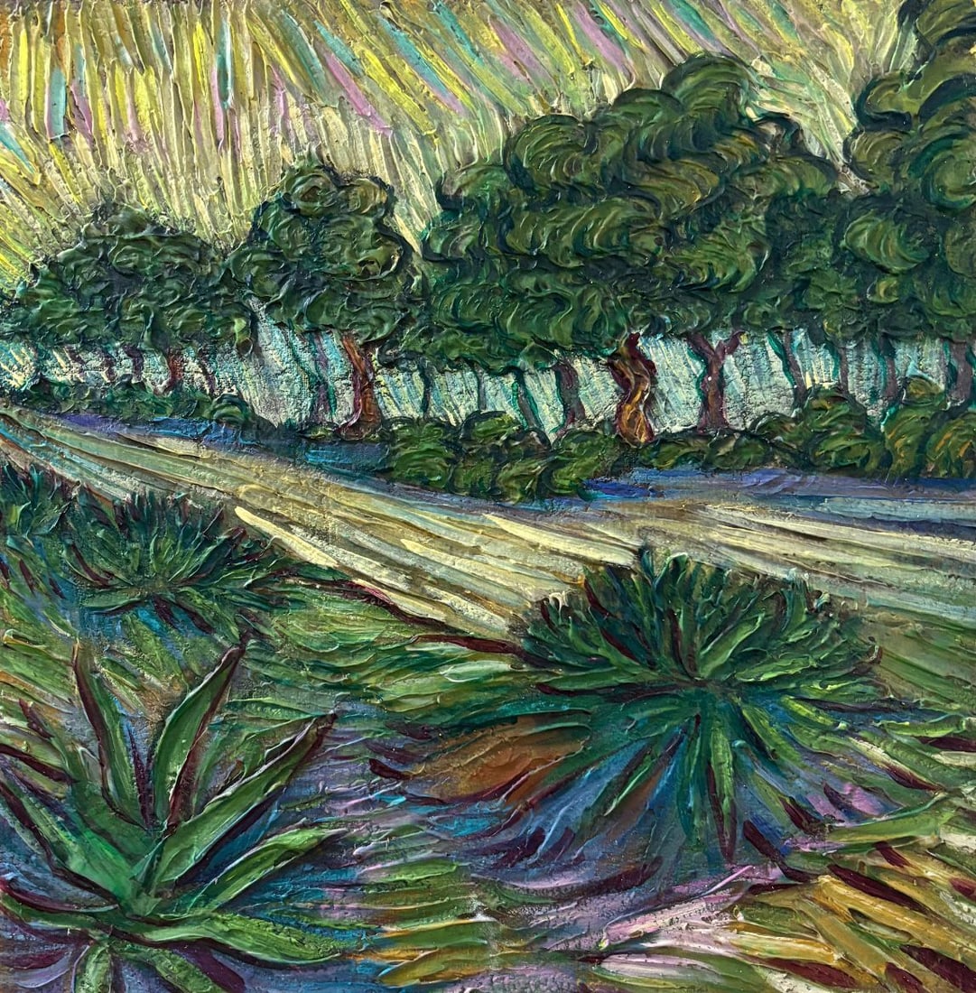 Vincent van Gogh Dutch 1853-1890 In the Style of Post-Impressionist Oil on Canvas: Title: Woodland Path Landscape Technique: Oil on canvas Measures: 10 x 10 inches (25.2 x 25.2 cm) Year: Circa mid-20th century Post-Impressionist Expressionist period Condition: Good condition. Surfac