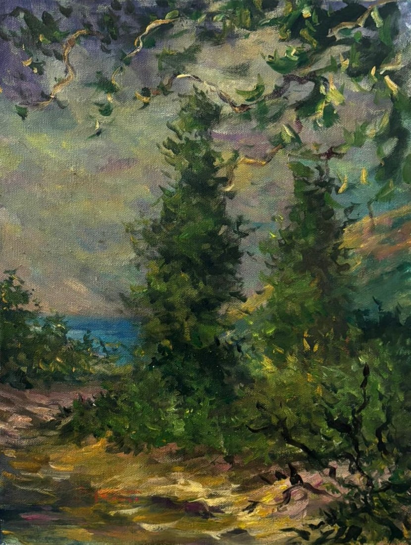Claude Monet French 1840-1926 In the Style of Impressionist Oil on Canvas: Title: Forest Landscape with Distant Water View Technique: Oil on canvas Measures: 14.9 x 11.3 inches (37.8 x 28.7 cm) Year: Circa mid-20th century Impressionist landscape period Condition: Good condi