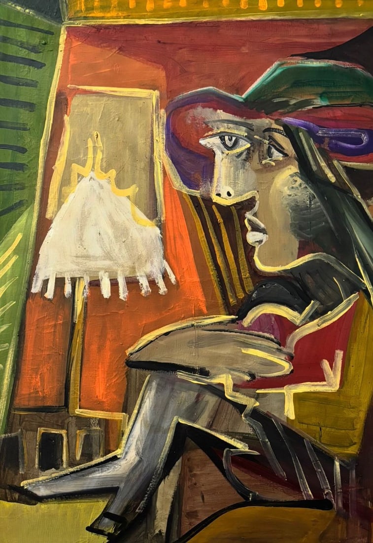Pablo Picasso Spanish 1881-1973 In the Style of Cubist Seated Woman Oil on Canvas: Title: Untitled Technique: Oil on canvas Measures: 23 x 17 inches Year: Circa mid-20th century Condition: Good overall condition. The surface shows stable pigment with expressive brushwork and well-pr
