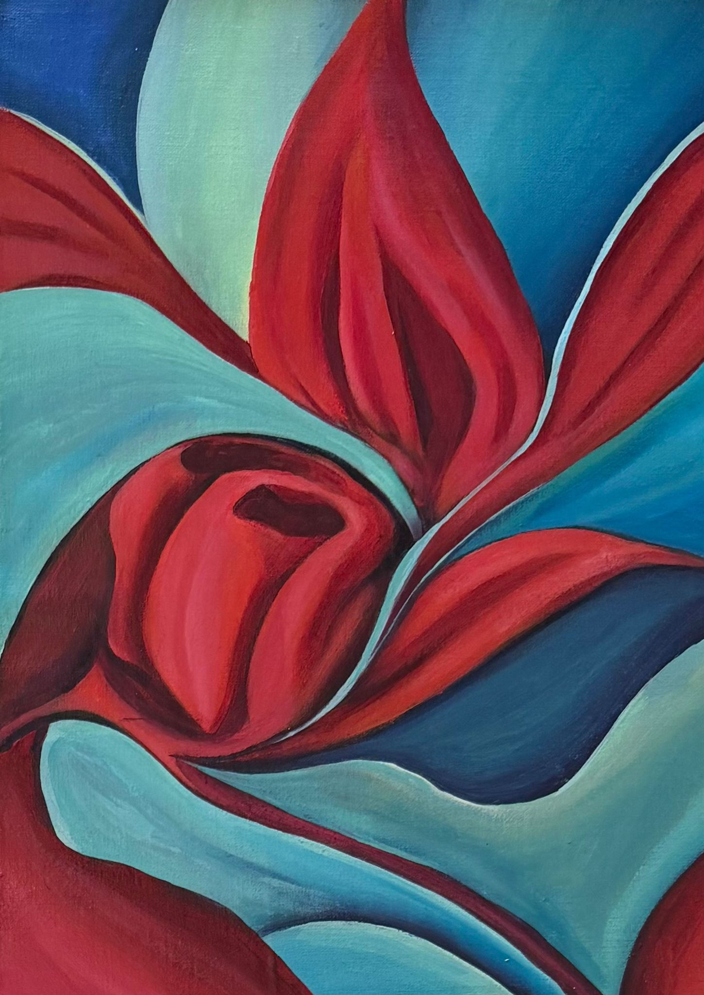 Georgia O'Keeffe American 1887-1986 In the Style of Crimson Bloom Abstraction Oil on Canvas: Title: Crimson Bloom Abstraction Technique: Oil on canvas Measures: 16 x 12 inches Year: Circa mid-20th century Condition: Good overall condition. The surface shows stable pigment with smooth blended 