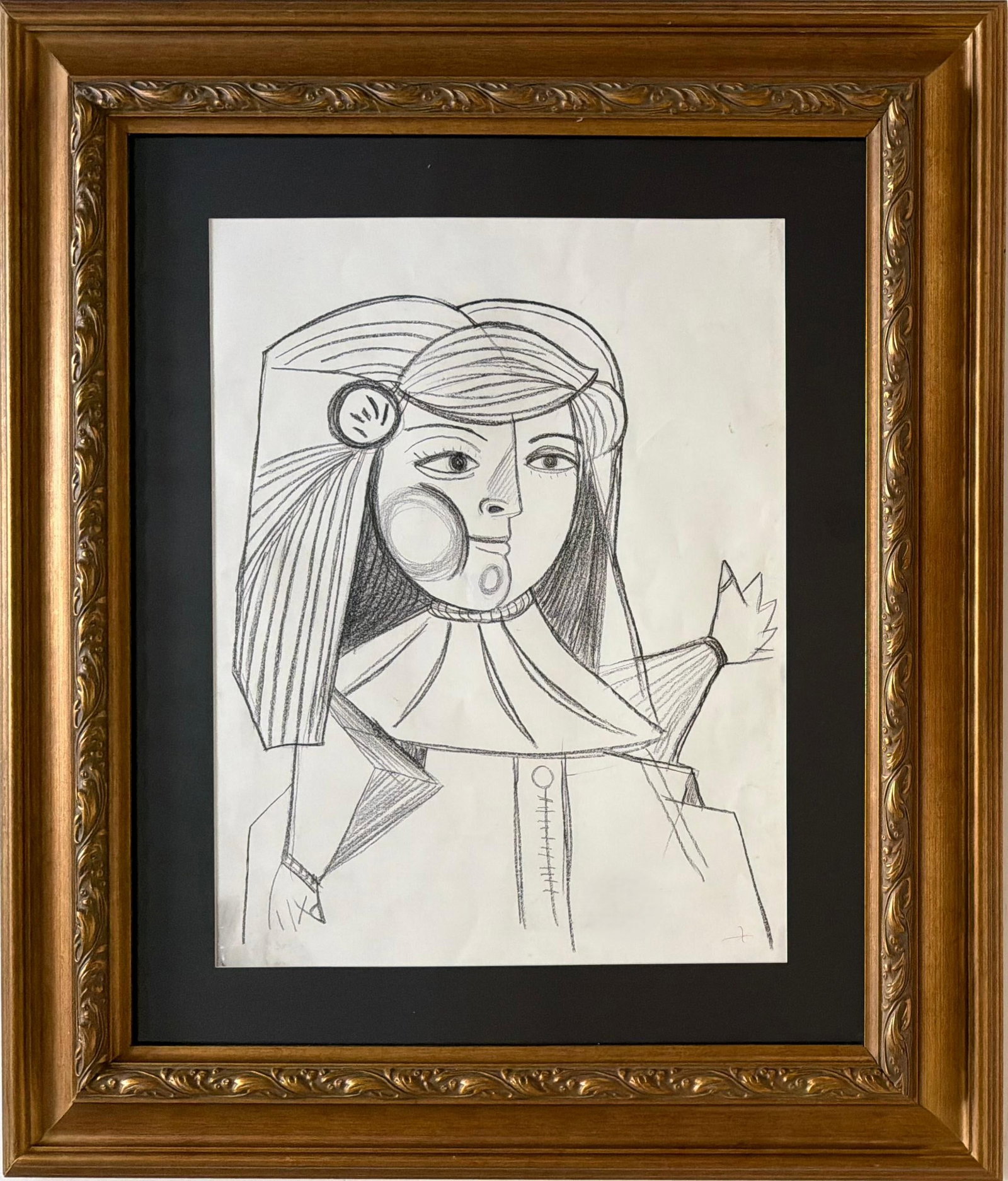 Pablo Picasso Spanish 1881-1973 In the Style of Woman with Veil Crayon on Paper: Title: Woman with Veil Technique: Crayon on paper Measures: 27 x 21 inches (68.6 x 53.3 cm) Year: Circa mid-20th century Condition: Good overall condition. The paper surface remains stable with minor 
