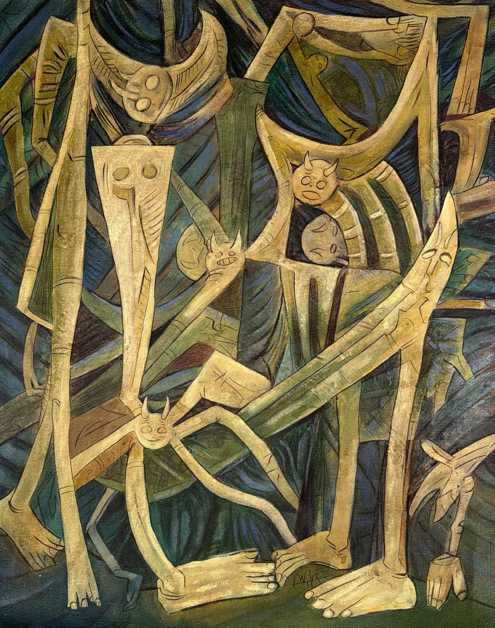 Wifredo Lam Cuban 1902-1982 In the Style of Totemic Figures in the Night Forest Oil on Canvas: Title: ITotemic Figures in the Night Forest Technique: Oil on canvas Measures: 20 x 16 inches (50.8 x 40.6 cm) Year: Circa mid-20th century Condition: Good condition. Surface presents stable layered p