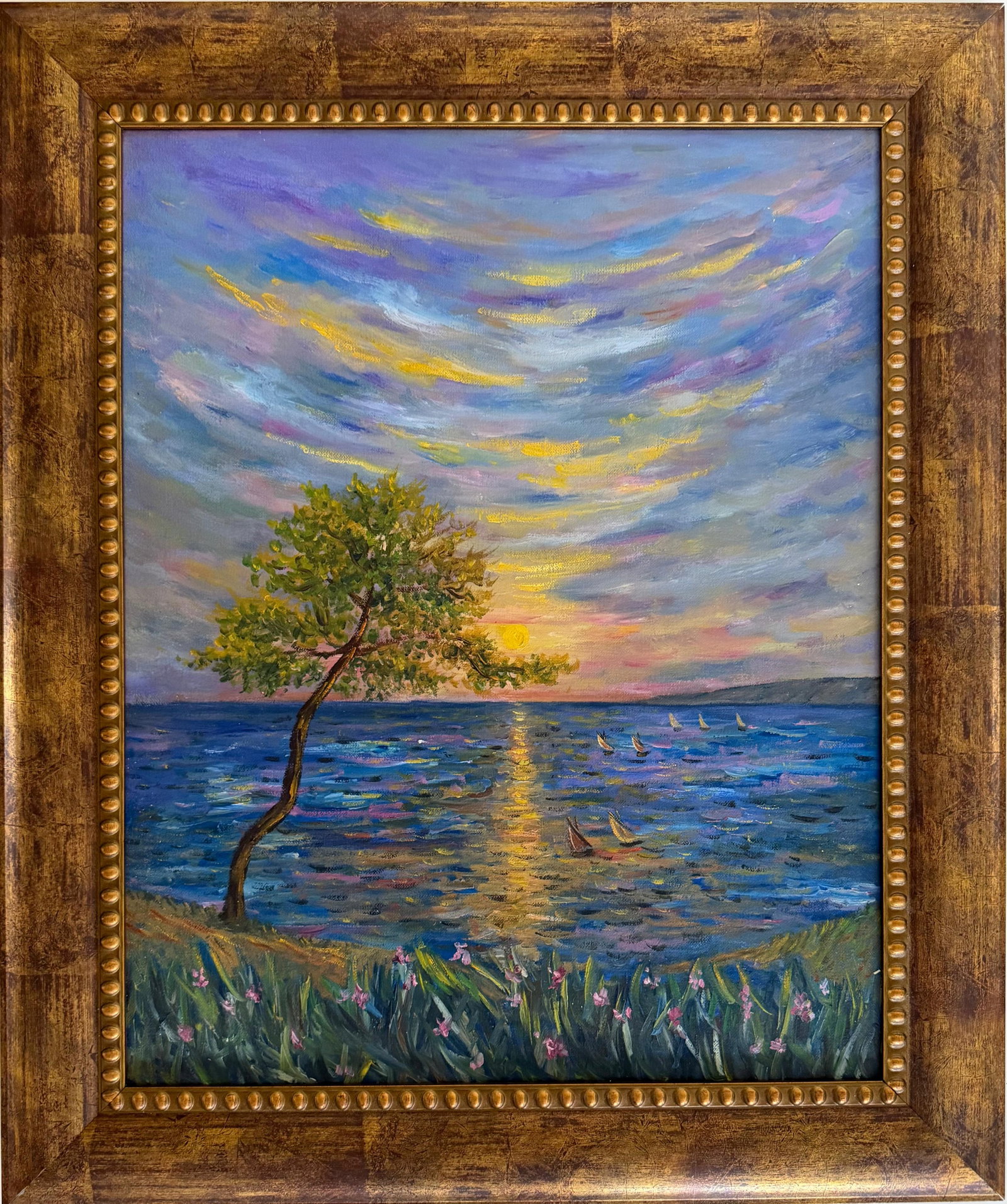 Claude Monet French 1840-1926 In the Style of Coastal Sunset Reflection Oil on Canvas: Title: Coastal Sunset Reflection Technique: Oil on canvas Measures: 20 x 16 inches (50.8 x 40.6 cm) Year: Circa early 20th century Condition: Good overall condition. The surface shows stable pigment w