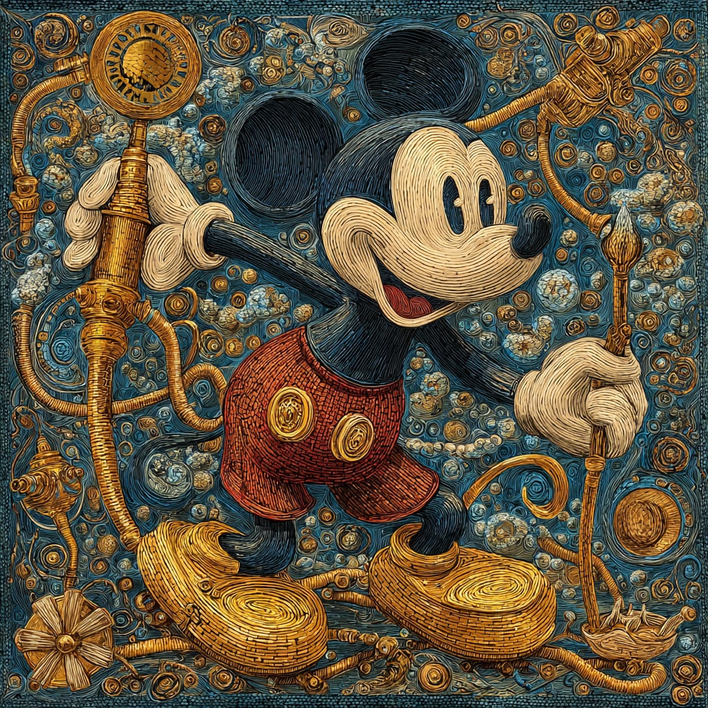 Steamboat Mickey. Acrylic print on panel. By the IAAG Artists Group. Contemporary.: Title: Steamboat Mickey Technique: Acrylic print on panel Measures: 20 x 20 inches (51 x 51 cm) Year: Contemporary Condition: Excellent condition. Rich textured detailing with intricate layered linewo