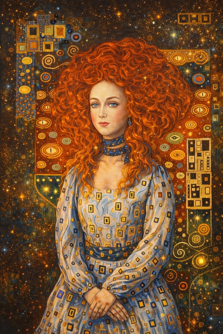 The Golden Oracle: Eternal Muse (1/1 Masterpiece NFT + Physical Artwork): The Golden Oracle: Eternal Muse is a mesmerizing fusion of elegance, symbolism, and radiant abstraction. Centered around a striking female figure with flowing crimson hair, the composition captures a