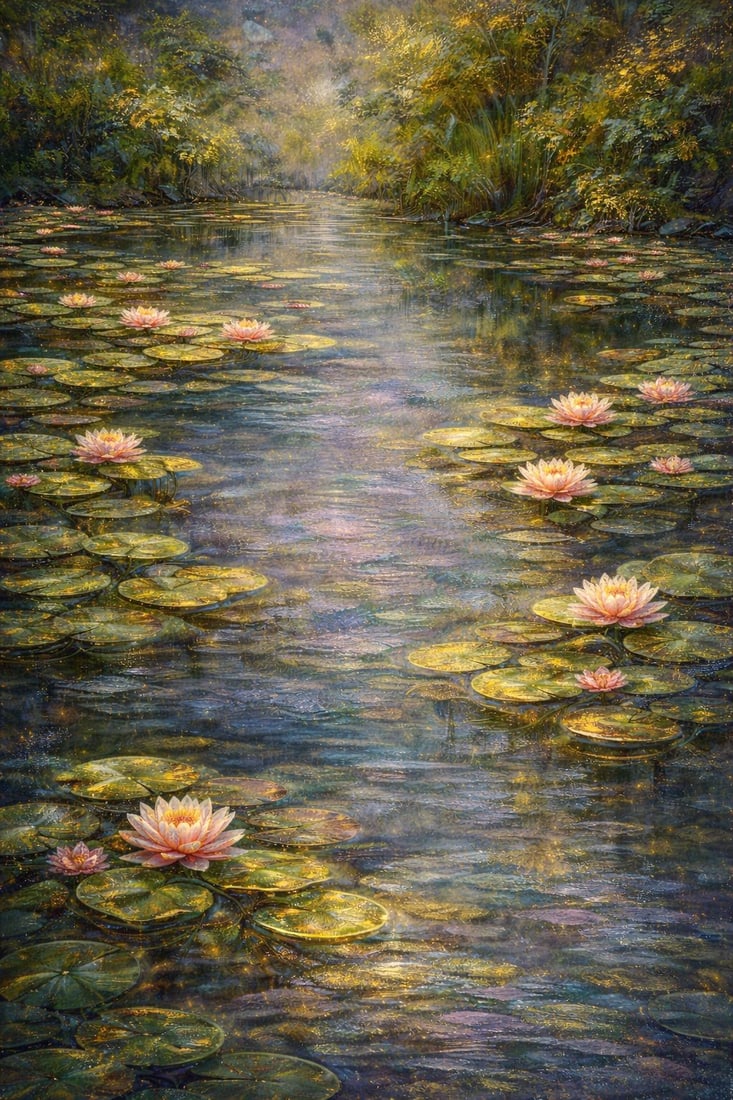 Whispers of Serenity: The Golden Water Garden (1/1 Masterpiece NFT + Physical Artwork): Whispers of Serenity: The Golden Water Garden is a luminous and deeply immersive composition that captures the quiet power of nature in its most refined and poetic form. A tranquil water surface, ador
