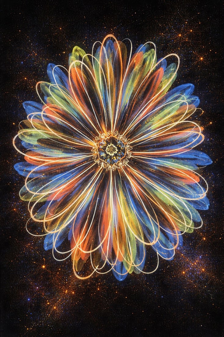 Cosmic Bloom: The Infinite Radiance (1/1 Masterpiece NFT + Physical Artwork): Cosmic Bloom: The Infinite Radiance is a mesmerizing explosion of color, light, and symmetry—where nature and the cosmos merge into a single, powerful visual phenomenon. At the center, a radiant flo