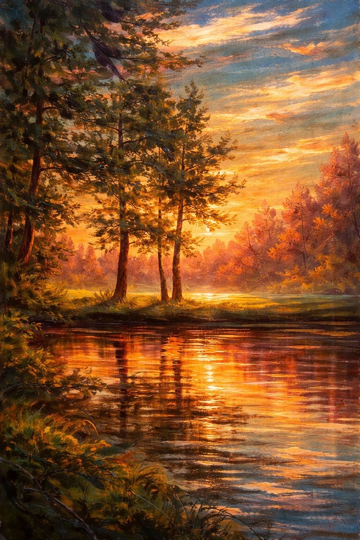 Golden Serenity: Reflections of Light (1/1 Masterpiece NFT + Physical Artwork): Golden Serenity: Reflections of Light captures a breathtaking moment where nature and light converge in perfect harmony. A glowing sunset bathes the landscape in rich amber, gold, and soft crimson ton