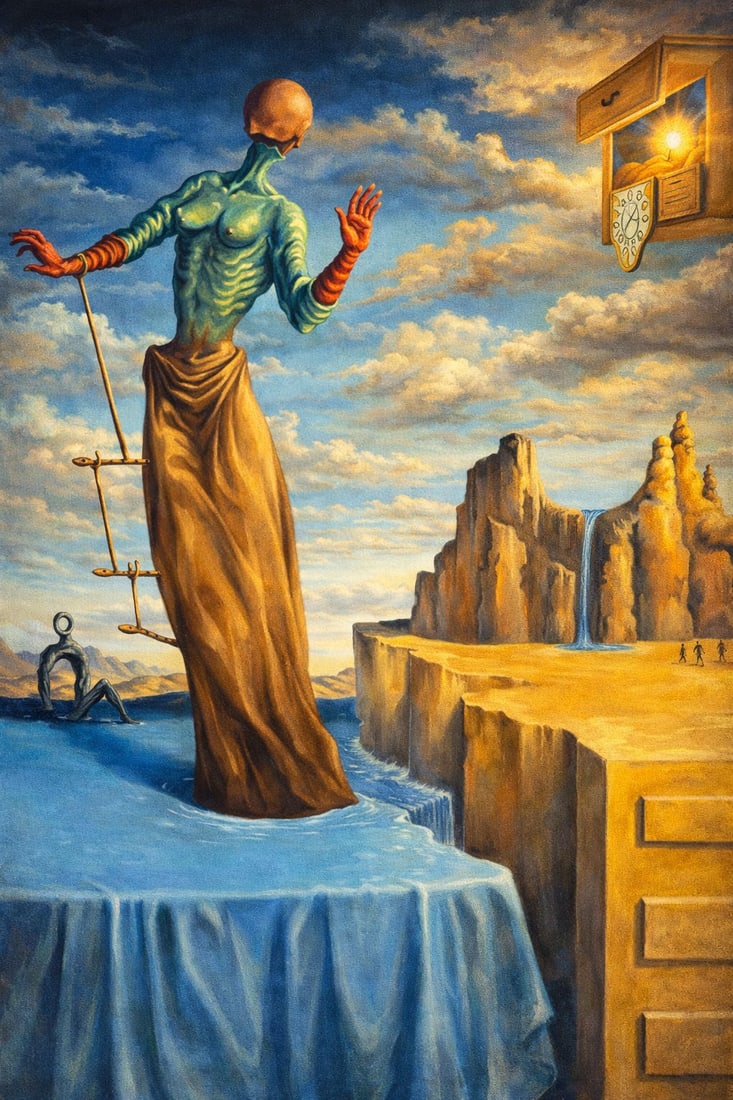 Dream Threshold: The Passage of Time (1/1 Masterpiece NFT + Physical Artwork): Dream Threshold: The Passage of Time is a visually arresting surreal composition that blurs the boundaries between reality, memory, and imagination. A towering, elongated figure stands at the edge of