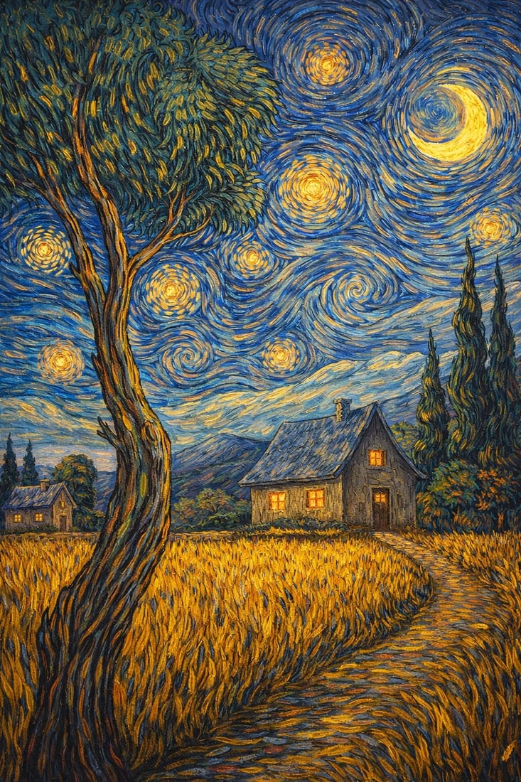 Celestial Fields: Night of Infinite Light (1/1 Masterpiece NFT + Physical Artwork): Celestial Fields: Night of Infinite Light is a captivating nocturnal landscape where earth and sky merge into a luminous, dreamlike vision. A golden field stretches toward a quiet home, its windows gl