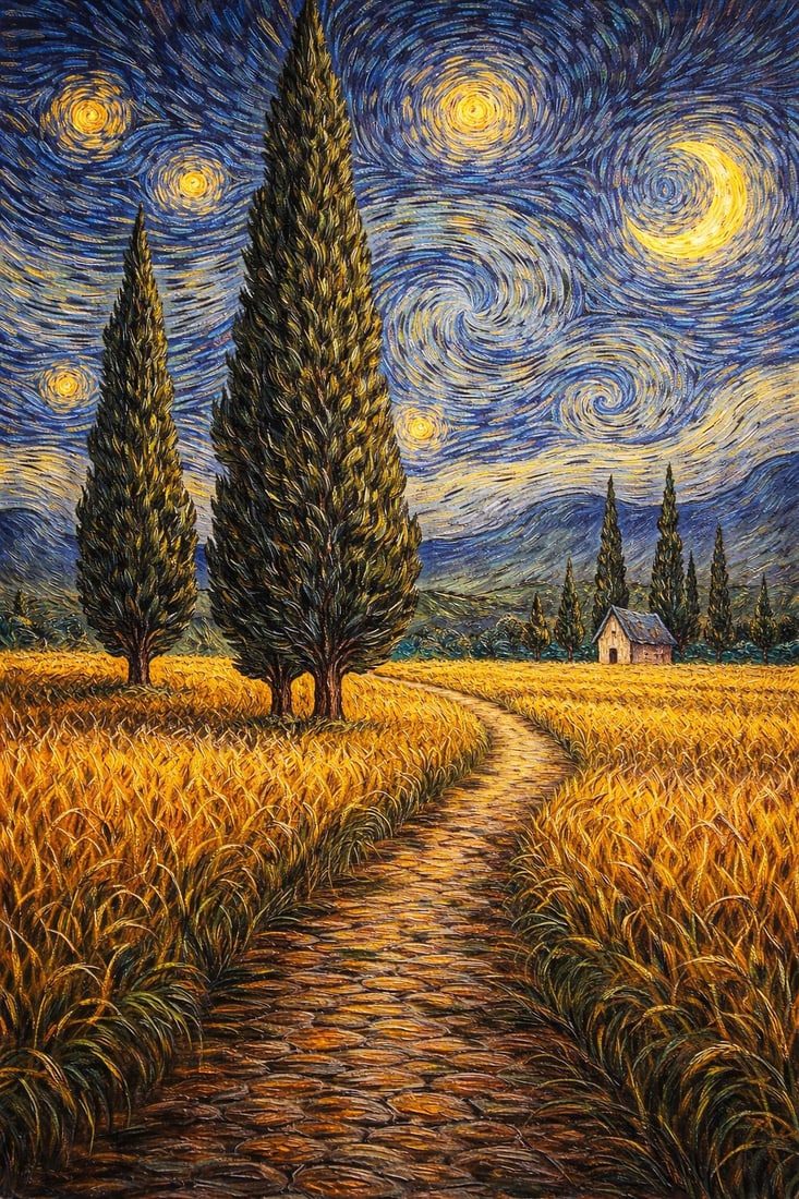 Golden Path: Under the Eternal Sky (1/1 Masterpiece NFT + Physical Artwork): Iconic Night Landscape | Collector-Favorite StyleGolden Path: Under the Eternal Sky is a mesmerizing nocturnal landscape where movement, light, and nature merge into a timeless visual experience. A wi