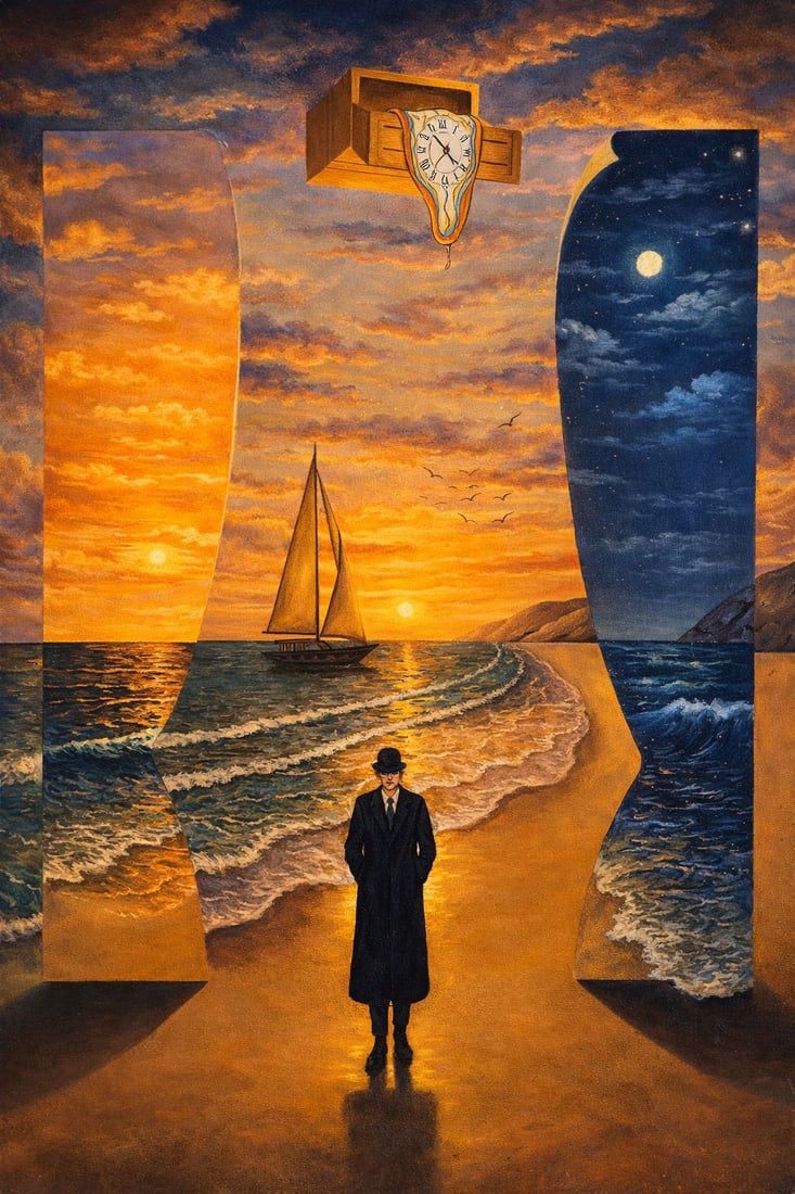 Between Time and Tide: The Dual Horizon (1/1 Masterpiece NFT + Physical Artwork): Surreal Narrative | High-Impact Collector PieceBetween Time and Tide is a striking surreal composition where reality bends and time fractures into two parallel worlds. A solitary figure stands at the