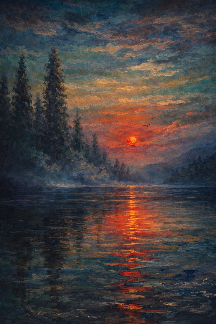 Crimson Reflection: The Silent Horizon (1/1 Masterpiece NFT + Physical Artwork): Atmospheric Masterpiece | High Emotional ImpactCrimson Reflection: The Silent Horizon captures a powerful, almost hypnotic moment where nature slows into pure emotion. A glowing red sun sinks into a m