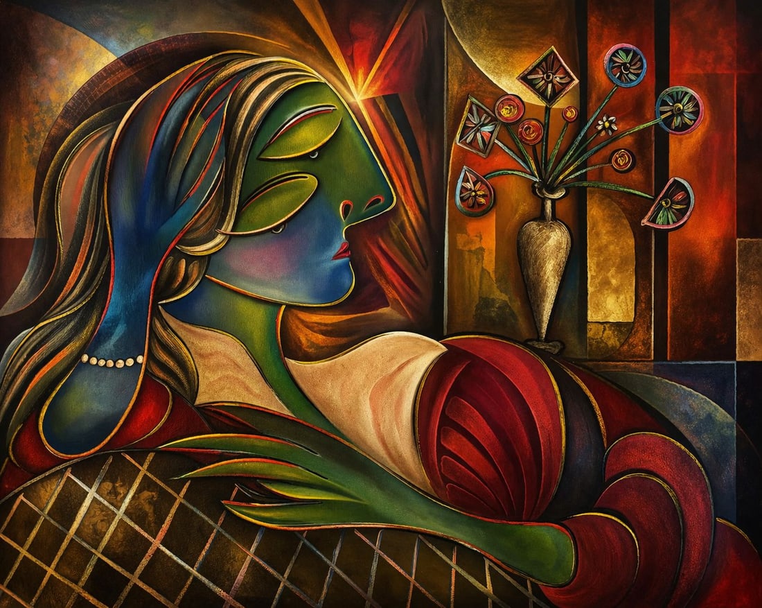 Velvet Reverie: The Reclining Muse (1/1 Masterpiece NFT + Physical Artwork): Elegant Cubist-Inspired Portrait | High-End Collector AppealVelvet Reverie: The Reclining Muse captures a moment of refined stillness and introspection. A reclining female figure, rendered in bold, sc