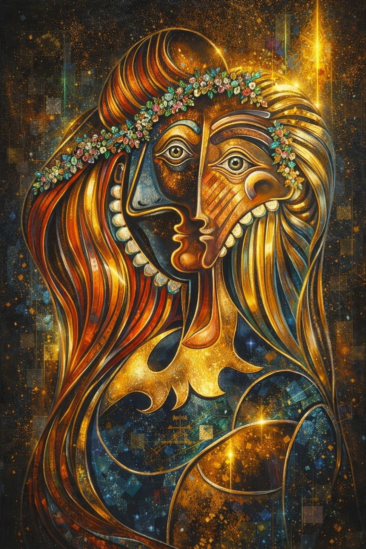Celestial Union: The Golden Duality (1/1 Masterpiece NFT + Physical Artwork): Luxury Cubist-Inspired Portrait | High-End Collector AppealCelestial Union: The Golden Duality is a striking fusion of identity, harmony, and brilliance. Two faces merge seamlessly into one radiant co