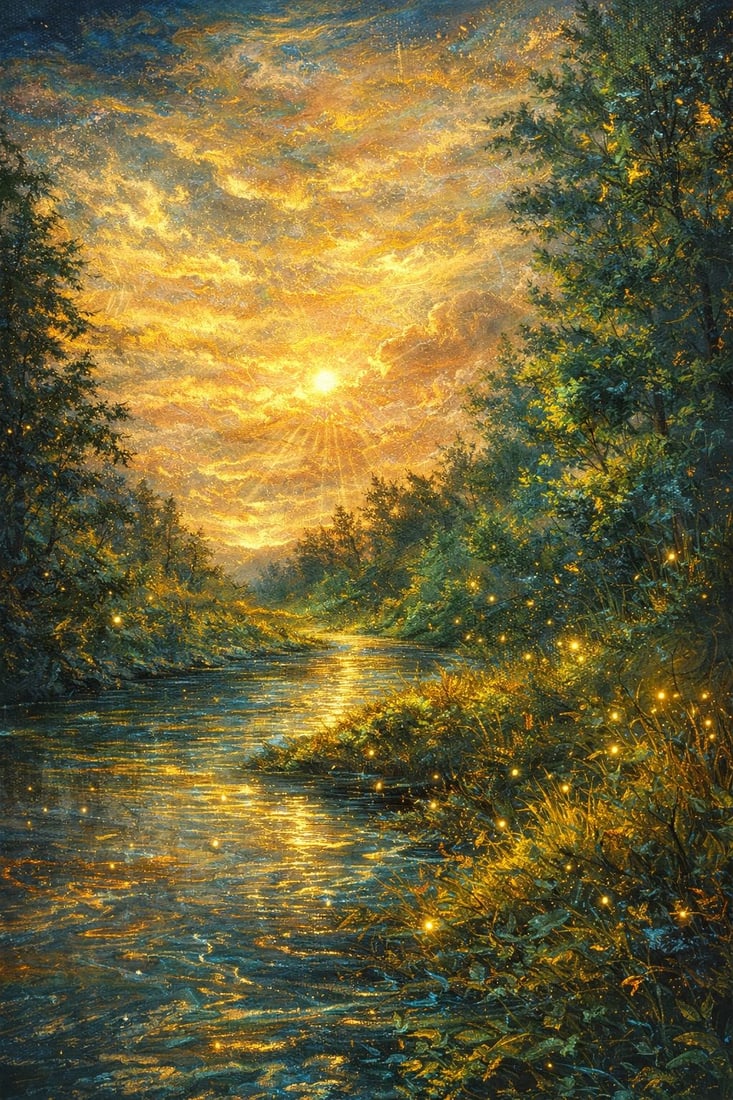 Golden Serenity: Luminous River at Dawn (1/1 Masterpiece NFT + Physical Artwork): Luxury Impressionist-Inspired Landscape | Radiant Collector PieceGolden Serenity: Luminous River at Dawn captures a breathtaking moment where light transforms nature into pure magic. A glowing sunrise
