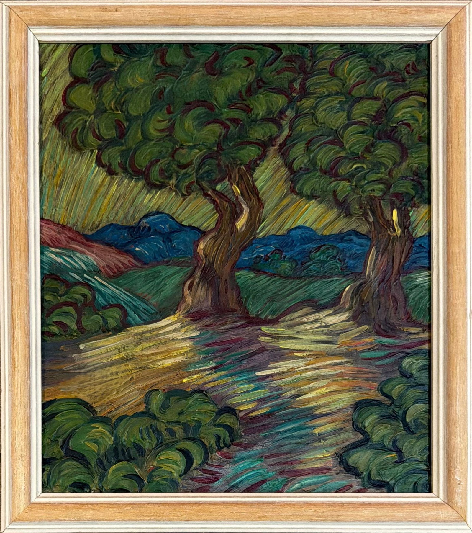 Vincent van Gogh Dutch 1853-1890 Stylized Landscape with Trees, In the Style of, Oil on Canvas: Title: Stylized Landscape with Trees Technique: Oil on canvas Measures: 10 x 8 inches (25 x 20 cm) Year: Late 20th century Condition: Good condition. Surface shows stable pigment application with expr