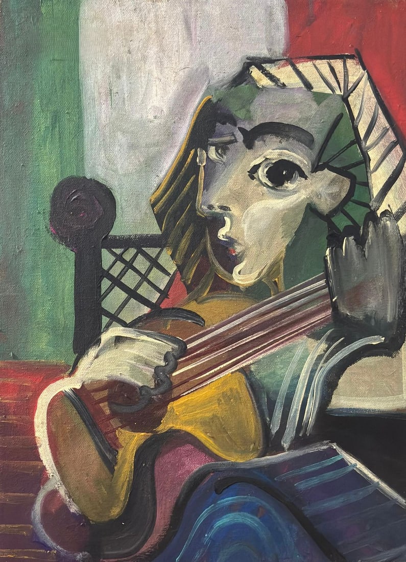 Pablo Picasso Spanish 1881-1973 Cubist Musician with String Instrument, In the Style of, Oil on (1 of 4)