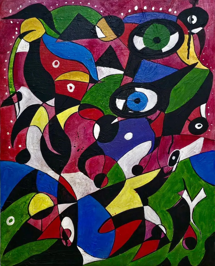 Joan Miro Spanish 1893-1983 Celestial Forms, In the Style of, Oil on Canvas: Title: Celestial Forms Technique: Oil on canvas Measures: 19 x 15 inches (48.3 x 38.1 cm) Year: Mid-20th Century Modernist period Condition: Excellent overall presentation with minor surface wear and 