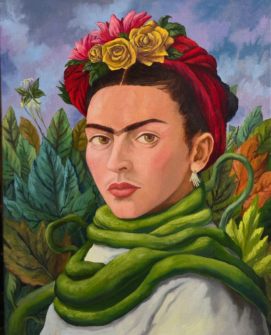 Frida Kahlo Mexican 1907-1954 Self-Portrait with Green Serpent, In the Style of, Oil on Canvas: Title: Self-Portrait with Green Serpent Technique: Oil on canvas Measures: 20 x 16 inches (50.8 x 40.6 cm) Year: Mid-20th century Surrealist and Mexican Modernist style Condition: Good condition. Surf