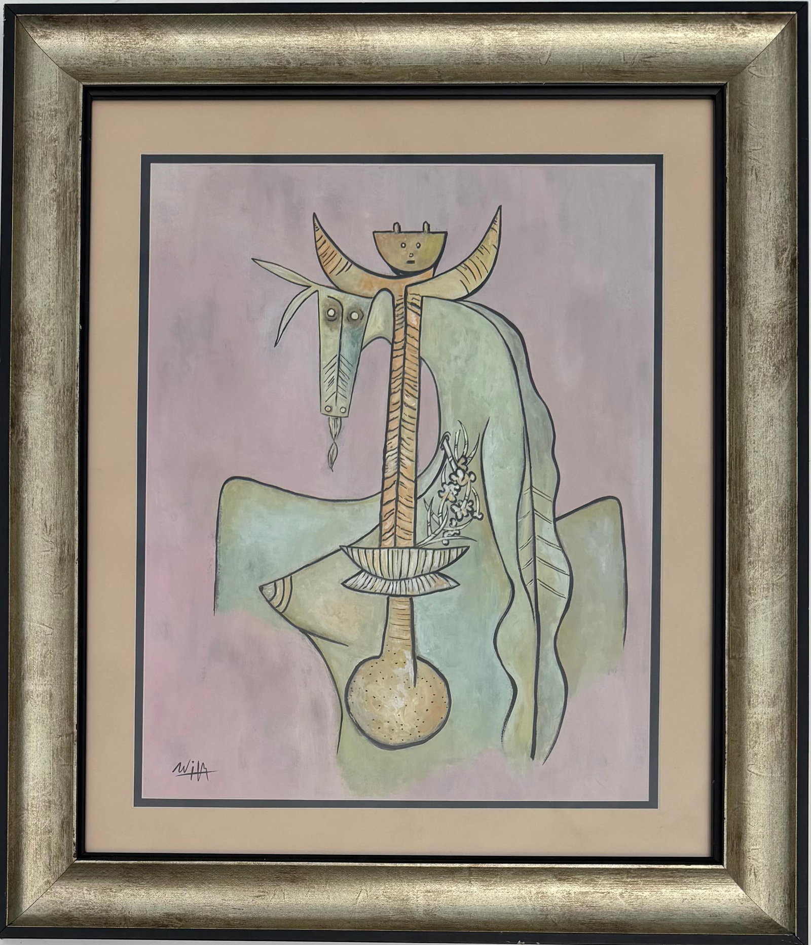Wifredo Lam Cuban 1902-1982 Surreal Totemic Figure with Horse Form, In the Style of, Oil on Canvas: Title: Surreal Totemic Figure with Horse Form Technique: Oil on canvas Measures: 17 x 14 inches (43.2 x 35.6 cm) Year: Mid-20th century Condition: Good condition. Surface shows stable pigment with min