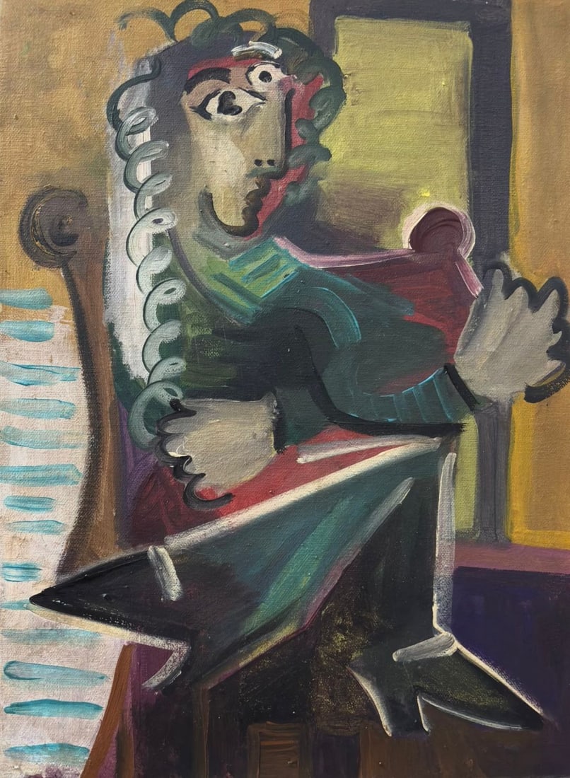 Pablo Picasso Spanish 1881-1973 Cubist Musician Composition, In the Style of, Oil on Canvas: Title: Cubist Musician Composition Technique: Oil on canvas Measures: 14.8 x 10.9 inches (37.6 x 27.7 cm) Year: Mid-20th century Condition: Good condition. Surface shows stable pigment application wit