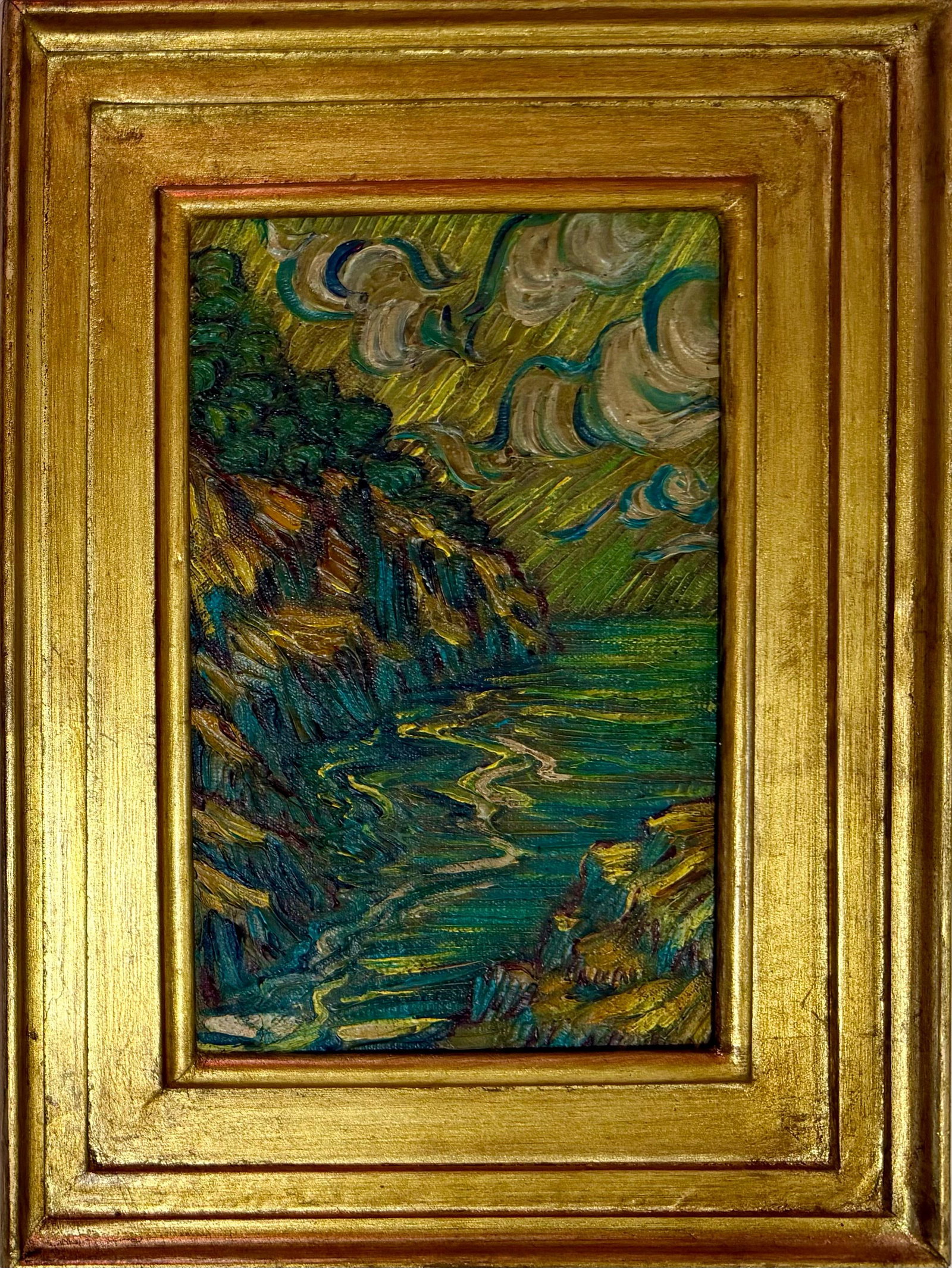 Vincent van Gogh Dutch 1853-1890 Coastal Cliffs and Turbulent Sky, In the Style of, Oil on Canvas: Title: Coastal Cliffs and Turbulent Sky Technique: Oil on canvas Measures: 10 x 7 inches (25.4 x 17.8 cm) Year: Late 20th century Post-Impressionist style Condition: Good condition. Surface presents s