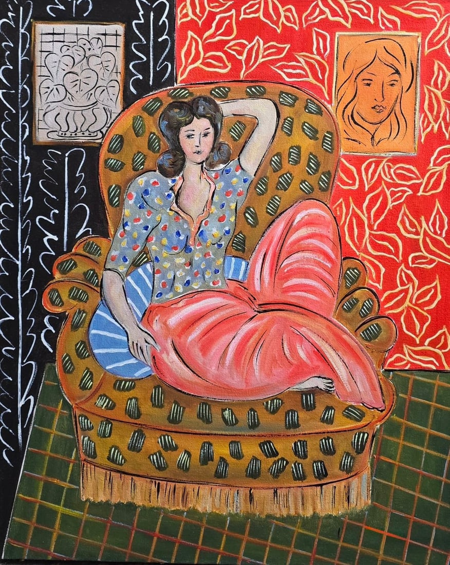 Henri Matisse French 1869-1954 Seated Woman in Patterned Interior, In the Style of, Oil on Canvas: Title: Seated Woman in Patterned Interior Technique: Oil on canvas Measures: 20 x 16 inches (50.8 x 40.6 cm) Year: Mid-20th century Modernist period Condition: Good condition. Surface shows stable pig