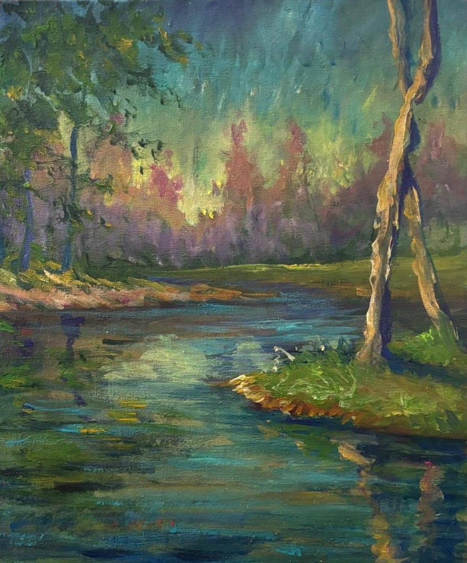 Claude Monet French 1840-1926 River Landscape, In the Style of, Oil on Canvas: Title: River Landscape Technique: Oil on canvas Measures: 14.9 x 11.3 inches (37.8 x 28.7 cm) Year: Circa mid-20th century Impressionist landscape period Condition: Good condition. Surface presents st