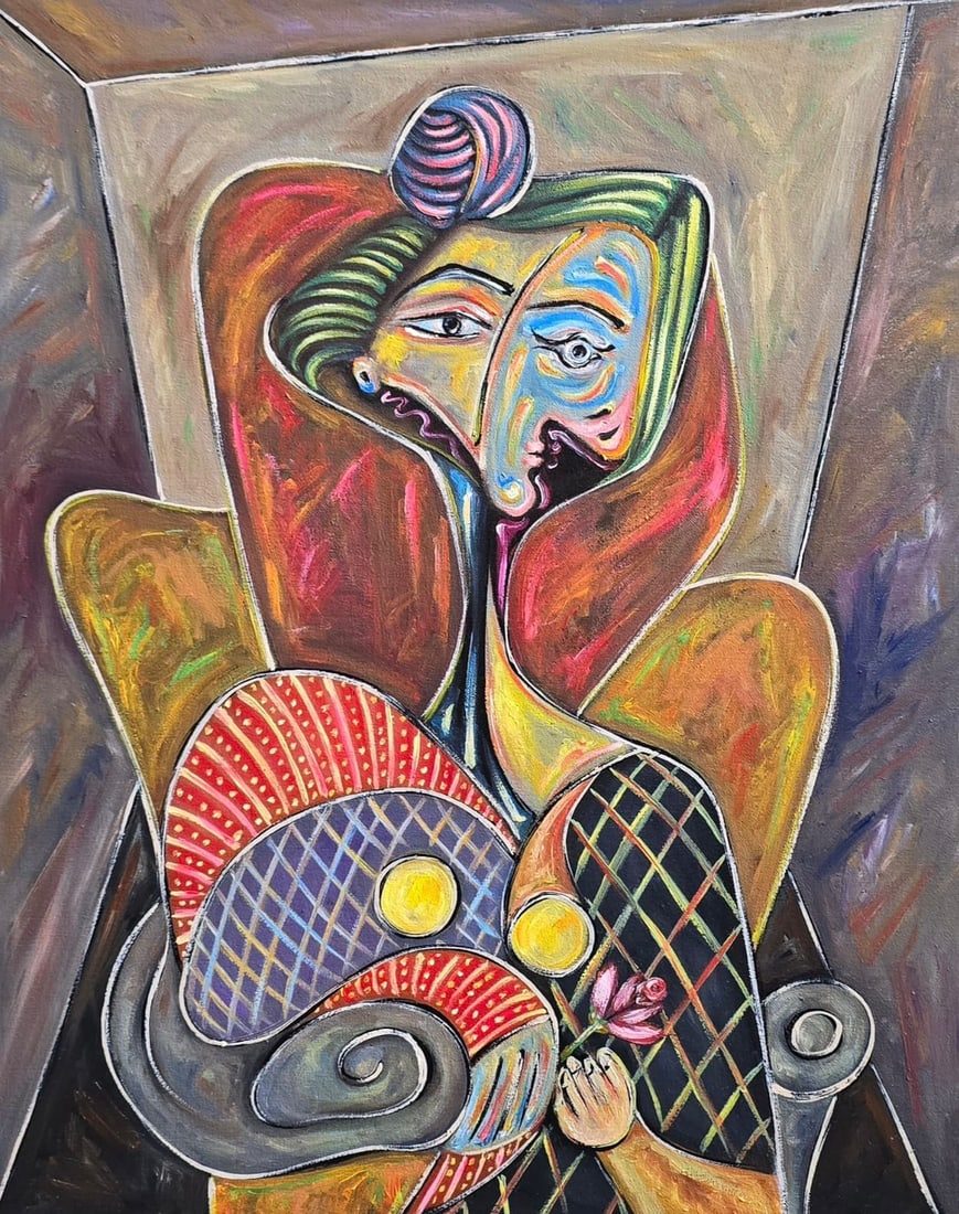 Pablo Picasso Spanish 1881-1973 Seated Figure with Rose, In the Style of, Oil on Canvas: Title: Seated Figure with Rose Technique: Oil on canvas Measures: 20 x 16 inches (50.8 x 40.6 cm) Year: Mid-20th century Modernist period Condition: Good condition. Surface shows stable pigment applic