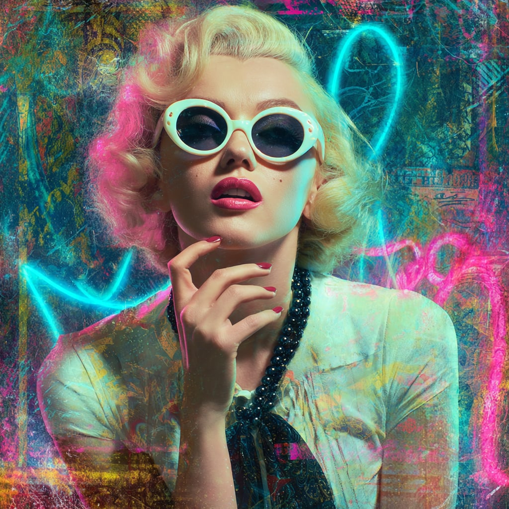 Neon Glamour. Acrylic print on panel. By the IAAG Artists Group. Contemporary.: Title: Neon Glamour Technique: Acrylic print on panel Measures: 20 × 20 inches (51 × 51 cm) Year: Contemporary Condition: Excellent condition. Vibrant coloration with luminous neon effects, rich lay
