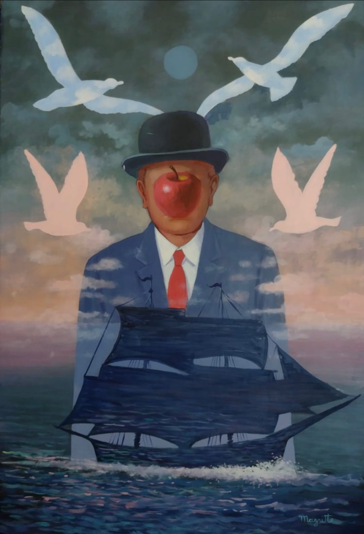 Rene Magritte Belgian 1898 - 1967 Untitled Oil on Canvas Painting in The Style of. Dali Picasso Era: Title: The Empire of the Sea Technique: Oil on canvas Measures: 23 x 15 inches (58.4 x 38.1 cm) Year: Mid-20th century Surrealist period Condition: Good condition. Surface presents stable pigment appl