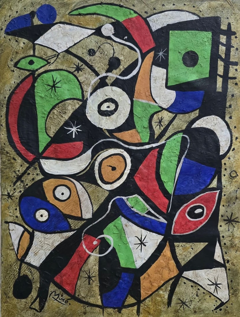 Joan Miro Spanish 1893-1983 In the Style of Abstract Celestial Composition Oil on Canvas: Title: Celestial Garden Forms Technique: Oil on canvas Measures: 15 x 11 inches (38.1 x 27.9 cm) Year: Mid-20th century Modernist period Condition: Good condition. Surface presents stable pigment appl