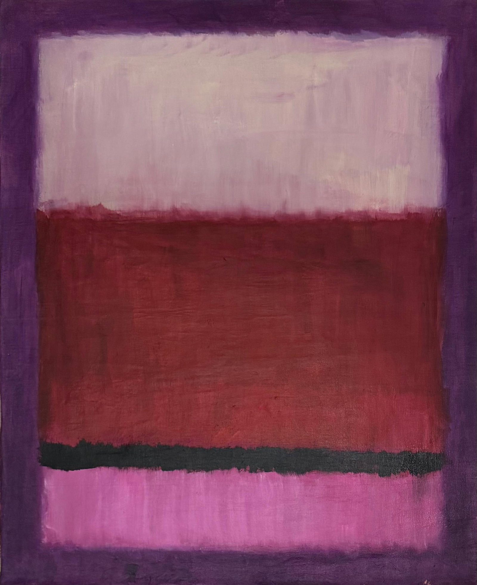 Mark Rothko American 1903 - 1970 In The Style of Oil on Canvas Pollock, Kline & Rothko Abstraction: Title: Color Field Composition in Crimson and Violet Technique: Oil on canvas Measures: 24 x 20 inches (61 x 50.8 cm) Year: Mid-20th Century Color Field tradition Condition: Good condition. Surface pr