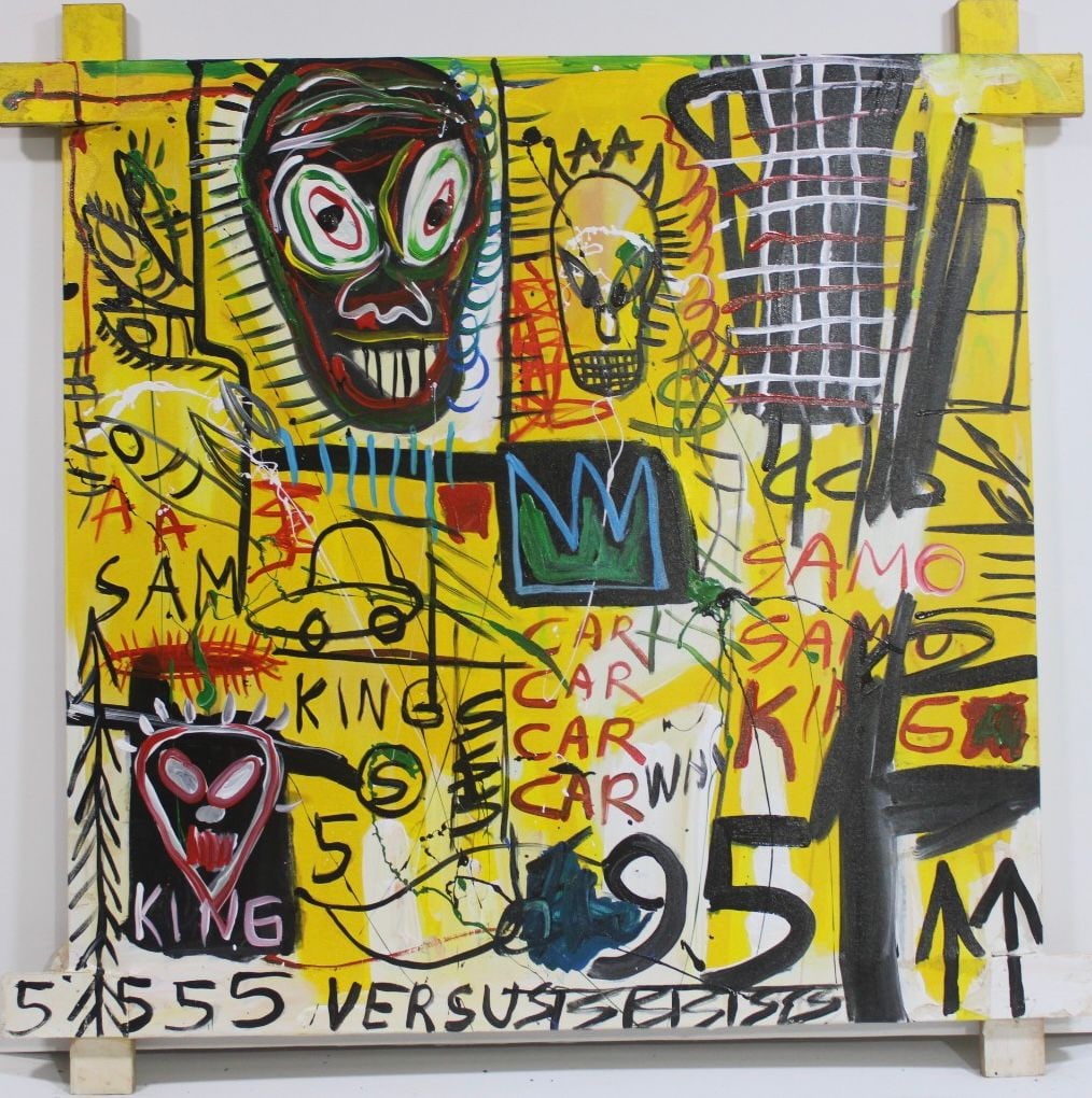 Jean-Michel Basquiat American 1960–1988 Crowned Figure with Urban Text, In the Style of, Acrylic: Title: Untitled Crowned Figures and Urban Symbols Technique: Mixed technique on canvas Measures: 35 x 25 inches (88.9 x 63.5 cm) Year: 1982 Condition: Good condition. Surface shows stable pigment appl