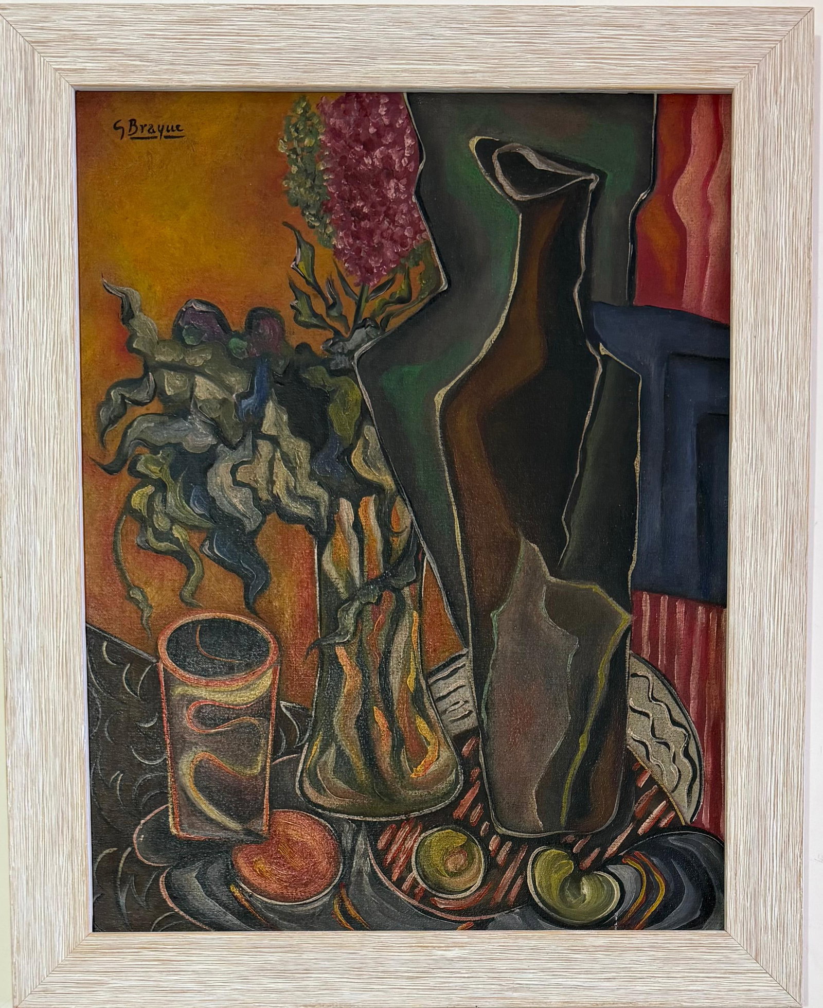 Georges Braque French 1882–1963 Cubist Still Life with Vase and Flowers, In the Style of, Oil on: Title: Cubist Still Life with Vase and Flowers Technique: Oil on canvas Measures: 18 x 14 inches (45.7 x 35.6 cm) Year: Mid-20th Century Cubist Tradition Condition: Good condition. Surface presents st