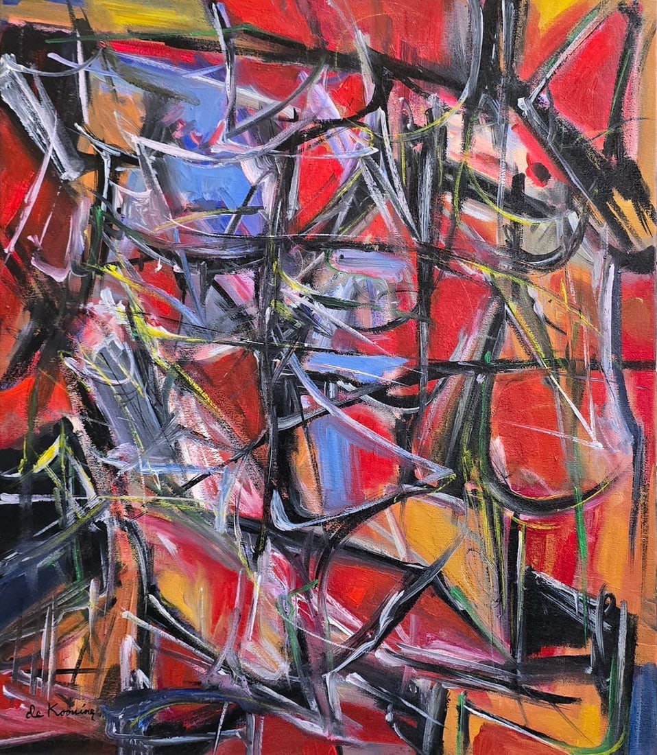 Willem de Kooning Dutch-American 1904–1997 Abstract Composition, In the Style of, Oil on Canvas: Title: Abstract Composition in Red and Black Technique: Oil on canvas Measures: 21 x 18 inches (53.3 x 45.7 cm) Year: Mid-20th Century Abstract Expressionist Tradition Condition: Good condition. Surfa