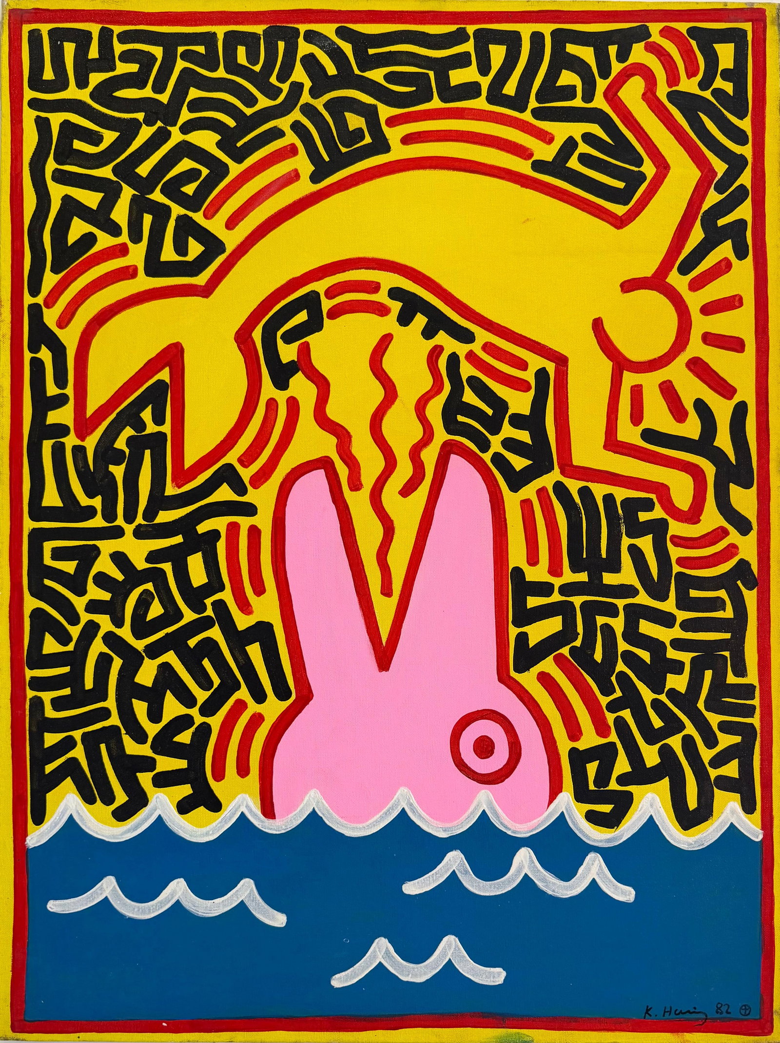 Keith Haring American 1958–1990 Untitled, In the Style of, Acrylic on Canvas: Title: Untitled Technique: Acrylic on canvas Measures: 31.5 x 23.5 inches (80 x 60 cm) Year: 1982 Condition: Good condition. Surface shows stable pigment application with vivid coloration and sharply 