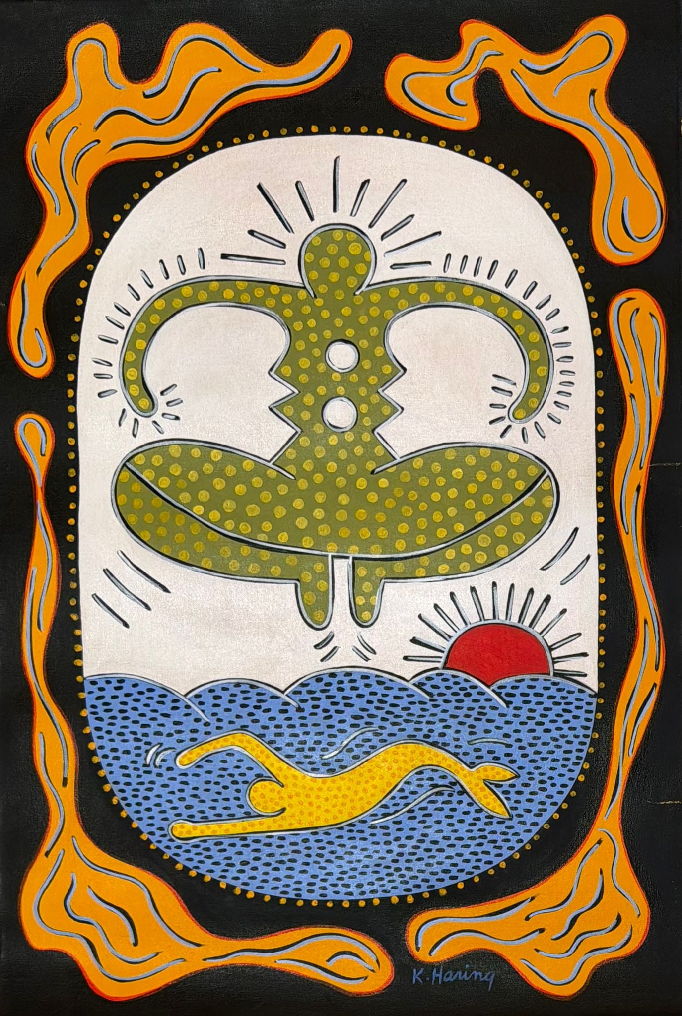 Keith Haring American 1958–1990 Untitled, In the Style of, Acrylic on Canvas. Warhol & Haring Era: Title: Radiant Figure Above the Sea Technique: Acrylic on canvas Measures: 24 x 16 inches (61 x 40.6 cm) Year: 1980s Contemporary Pop-Art Tradition Condition: Good condition. Surface shows stable pigm